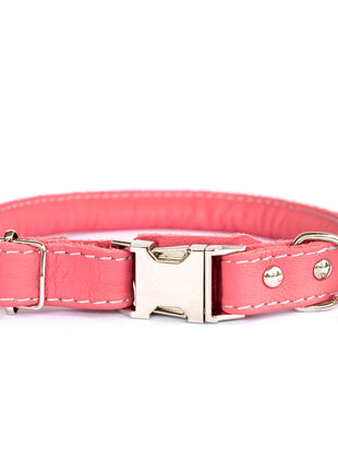 Rolled Style Pink Leather Quick-Release Dog Collar