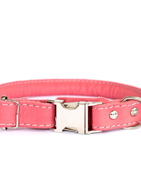 Rolled Style Pink Leather Quick-Release Dog Collar