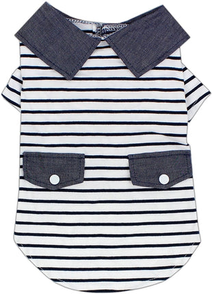 Parisian Pet 'Preppy Boy Polo' Dog & Cat T-Shirt – Trendy Cotton Polo Shirt, Comfortable & Lightweight, Blue White Stripes-Valentine's Day