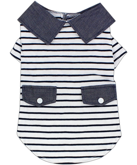 Parisian Pet 'Preppy Boy Polo' Dog & Cat T-Shirt – Trendy Cotton Polo Shirt, Comfortable & Lightweight, Blue White Stripes-Valentine's Day