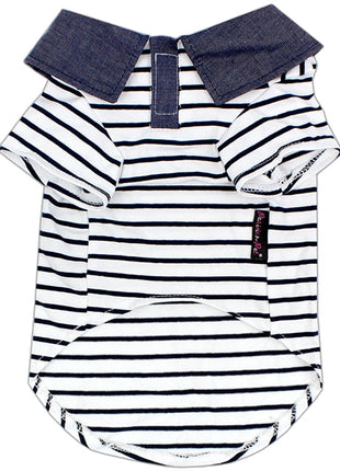Parisian Pet 'Preppy Boy Polo' Dog & Cat T-Shirt – Trendy Cotton Polo Shirt, Comfortable & Lightweight, Blue White Stripes-Valentine's Day