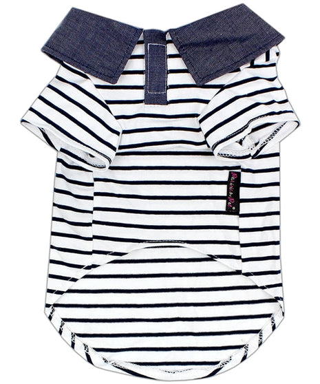 Parisian Pet 'Preppy Boy Polo' Dog & Cat T-Shirt – Trendy Cotton Polo Shirt, Comfortable & Lightweight, Blue White Stripes-Valentine's Day