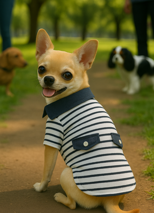 Parisian Pet 'Preppy Boy Polo' Dog & Cat T-Shirt – Trendy Cotton Polo Shirt, Comfortable & Lightweight, Blue White Stripes-Valentine's Day