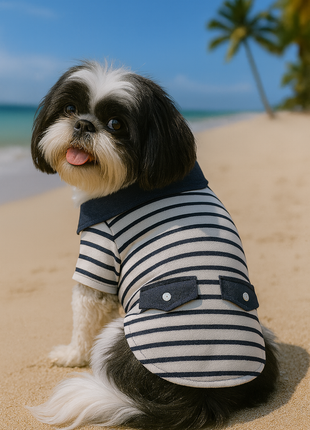 Parisian Pet 'Preppy Boy Polo' Dog & Cat T-Shirt – Trendy Cotton Polo Shirt, Comfortable & Lightweight, Blue White Stripes-Valentine's Day