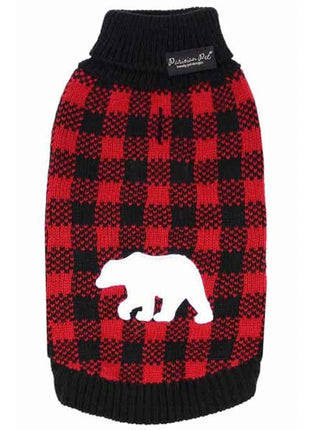 Parisian Pet 'Buffalo Checkered Sweater - Polar Bear' for Dogs and Cats - Cozy Winter Wear with Adorable Polar Bear Design Red and Black