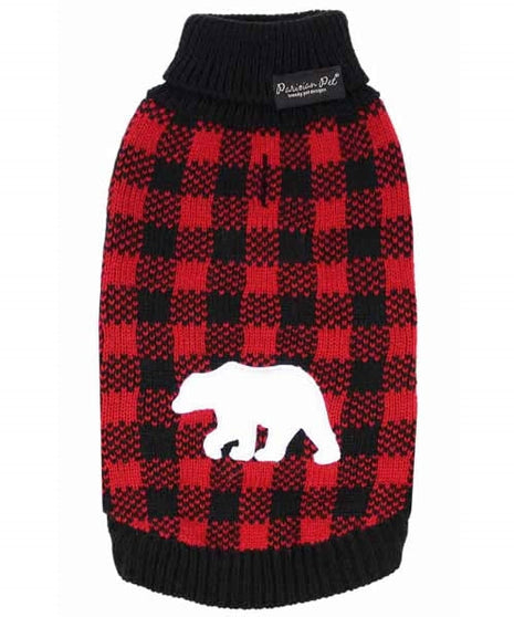 Parisian Pet 'Buffalo Checkered Sweater - Polar Bear' for Dogs and Cats - Cozy Winter Wear with Adorable Polar Bear Design Red and Black