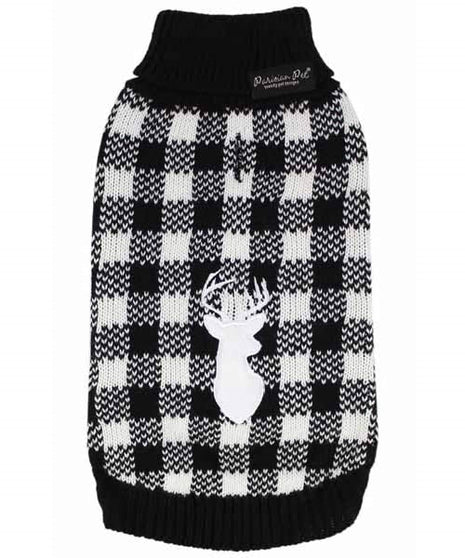 Parisian Pet 'Buffalo Checkered Sweater - Deer' for Dogs and Cats - Cozy, Stylish Winter Apparel in Classic White and Black