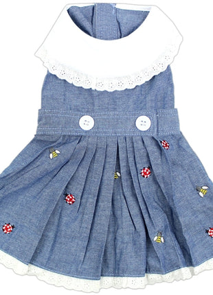 Parisian Pet 'Prairie Dress' for Dogs and Cats, Floral Design, Comfortable Lightweight Outfit, Denim & White