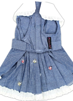 Parisian Pet 'Prairie Dress' for Dogs and Cats, Floral Design, Comfortable Lightweight Outfit, Denim & White