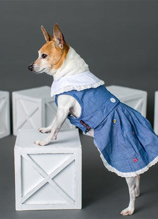 Parisian Pet 'Prairie Dress' for Dogs and Cats, Floral Design, Comfortable Lightweight Outfit, Denim & White