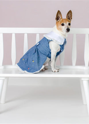 Parisian Pet 'Prairie Dress' for Dogs and Cats, Floral Design, Comfortable Lightweight Outfit, Denim & White