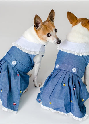Parisian Pet 'Prairie Dress' for Dogs and Cats, Floral Design, Comfortable Lightweight Outfit, Denim & White