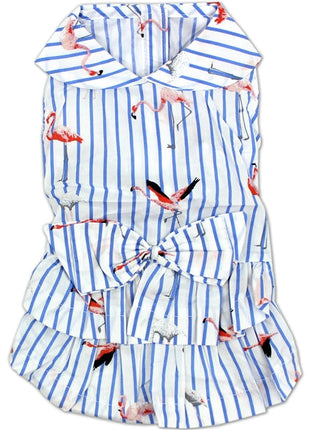 Parisian Pet 'Flamingo Print Dog Dress' for Dogs and Cats, Sleeveless, Comfortable Summer Outfit, Blue and White Stripes