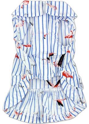 Parisian Pet 'Flamingo Print Dog Dress' for Dogs and Cats, Sleeveless, Comfortable Summer Outfit, Blue and White Stripes