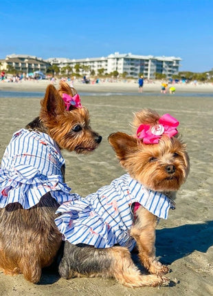 Parisian Pet 'Flamingo Print Dog Dress' for Dogs and Cats, Sleeveless, Comfortable Summer Outfit, Blue and White Stripes