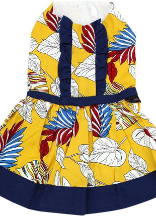 Parisian Pet 'Designer Dog Dress' for Dogs and Cats, Leaf Pattern, Lightweight Summer Outfit, Multicolor, Yellow, White, Blue, Red
