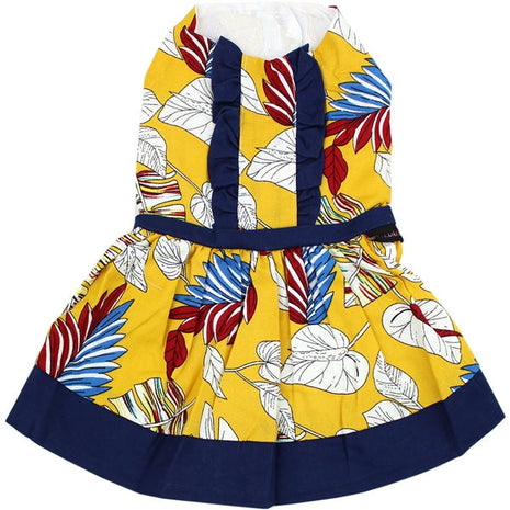 Parisian Pet 'Designer Dog Dress' for Dogs and Cats, Leaf Pattern, Lightweight Summer Outfit, Multicolor, Yellow, White, Blue, Red