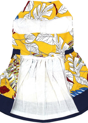 Parisian Pet 'Designer Dog Dress' for Dogs and Cats, Leaf Pattern, Lightweight Summer Outfit, Multicolor, Yellow, White, Blue, Red