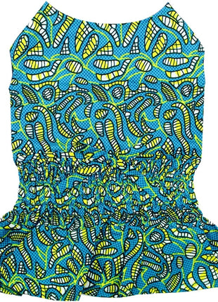 Parisian Pet 'Tribal Dress' for Dogs and Cats, Ruched Waist, Stylish and Comfortable, Tribal Print - Green, Blue, Yellow
