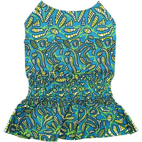 Parisian Pet 'Tribal Dress' for Dogs and Cats, Ruched Waist, Stylish and Comfortable, Tribal Print - Green, Blue, Yellow