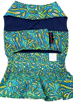 Parisian Pet 'Tribal Dress' for Dogs and Cats, Ruched Waist, Stylish and Comfortable, Tribal Print - Green, Blue, Yellow