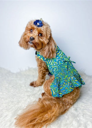 Parisian Pet 'Tribal Dress' for Dogs and Cats, Ruched Waist, Stylish and Comfortable, Tribal Print - Green, Blue, Yellow