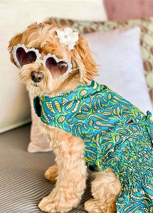 Parisian Pet 'Tribal Dress' for Dogs and Cats, Ruched Waist, Stylish and Comfortable, Tribal Print - Green, Blue, Yellow