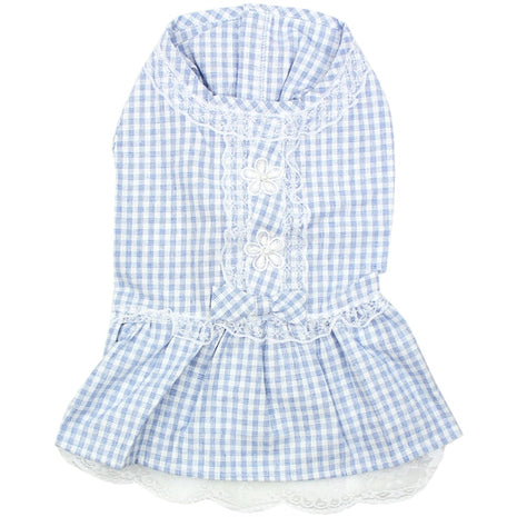 Parisian Pet 'Gingham Countryside Lace Dress' Dog & Cat Shirt – Stylish Blue Plaid Dress – Blue