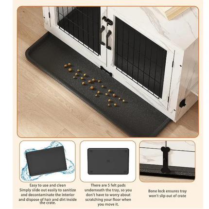 Wooden Dog Crate & End Table with 360°Rotatable Bowls & Tray, Marble White