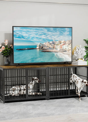 Furniture Large Wooden Dog Crate Indoor Elevated Dog Kennel End Table Lattice Playpen with 3 Doors Removable Tray