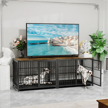 Furniture Large Wooden Dog Crate Indoor Elevated Dog Kennel End Table Lattice Playpen with 3 Doors Removable Tray