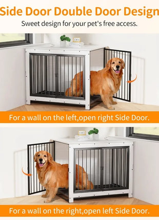 Dog crate with side doors for pet's free access, featuring a golden dog inside.