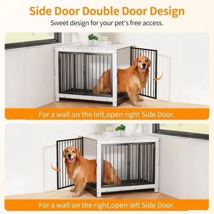 Dog crate with side doors for pet's free access, featuring a golden dog inside.