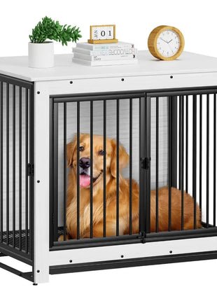 Dog in a large metal crate with a white frame, furniture crate