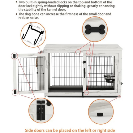 Wooden Dog Crate & End Table with 360°Rotatable Bowls & Tray, Marble White