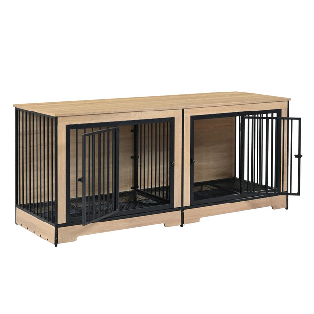Furniture Dog Crate, XL Large Double Dog Cage with Tray for Medium Large Dogs, Wooden Dog