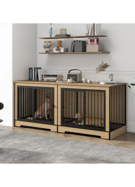 Furniture Dog Crate, XL Large Double Dog Cage with Tray for Medium Large Dogs, Wooden Dog