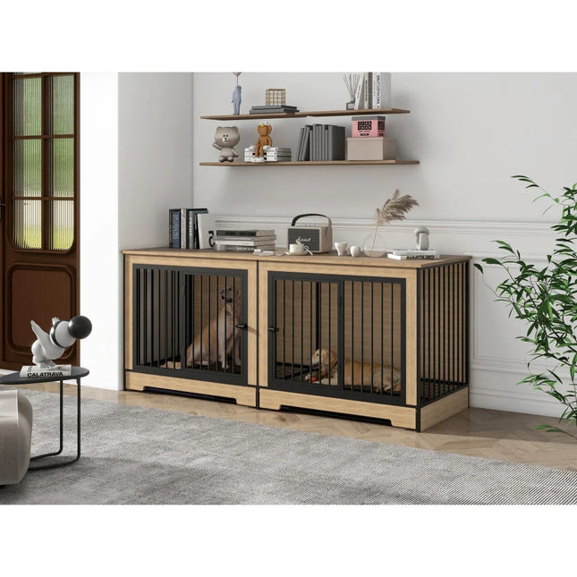 Furniture Dog Crate, XL Large Double Dog Cage with Tray for Medium Large Dogs, Wooden Dog
