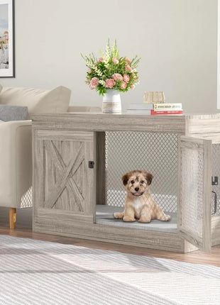 Furniture Crate with Double Doors, 36 Inch Wooden Dog Kennel End Table Indoor with Mesh