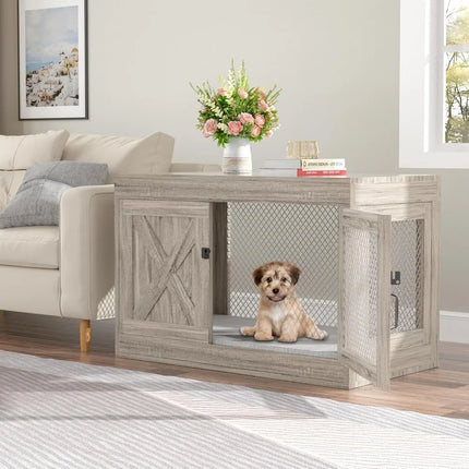 Furniture Crate with Double Doors, 36 Inch Wooden Dog Kennel End Table Indoor with Mesh