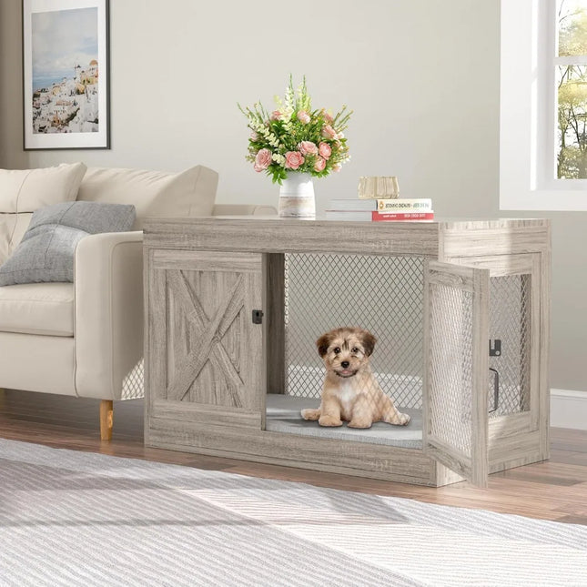 Furniture Crate with Double Doors, 36 Inch Wooden Dog Kennel End Table Indoor with Mesh