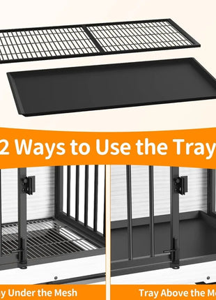 Black metal tray with mesh design, showing two ways to use it on a cage.