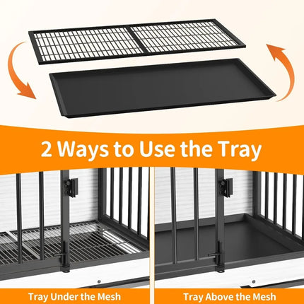 Black metal tray with mesh design, showing two ways to use it on a cage.