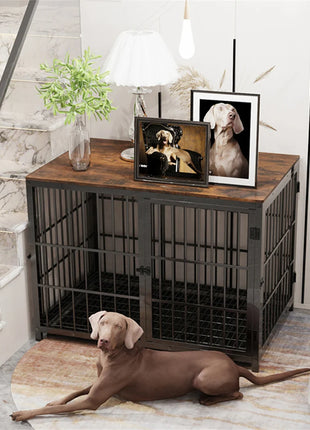 Furniture Large Wooden Dog Crate Indoor Elevated Dog Kennel End Table Lattice Playpen with 3 Doors Removable Tray
