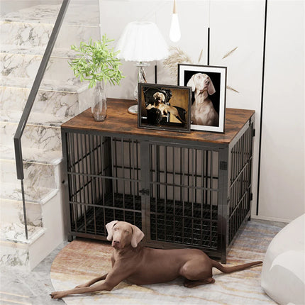 Furniture Large Wooden Dog Crate Indoor Elevated Dog Kennel End Table Lattice Playpen with 3 Doors Removable Tray