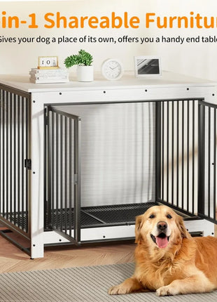 2-in-1 shareable furniture with a dog crate design, featuring a dog sitting in front of it.