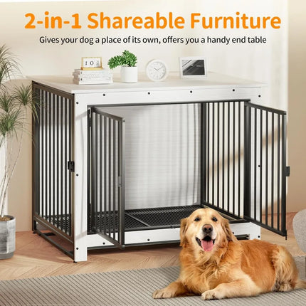 2-in-1 shareable furniture with a dog crate design, featuring a dog sitting in front of it.