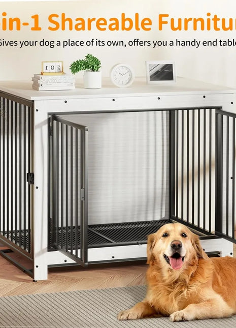 2-in-1 shareable furniture with a dog crate design, featuring a dog sitting in front of it.