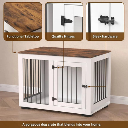 Furniture Dog Crate for Large Dogs Up to 60 lbs. - Decorative Puppy Kennel w/Wide Farmhouse Table Top & Steel Bars - 37'' Wide