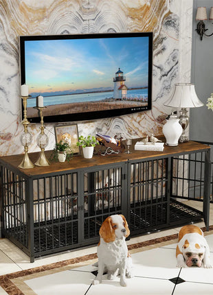 Furniture Large Wooden Dog Crate Indoor Elevated Dog Kennel End Table Lattice Playpen with 3 Doors Removable Tray